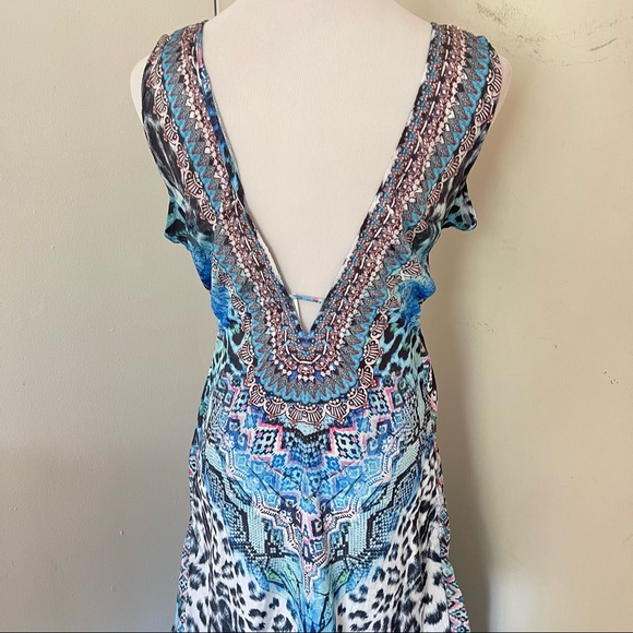 True Colours La Moda Blue Cat Hi Low Frill Maxi Cover Up Dress - Picture 4 of 11